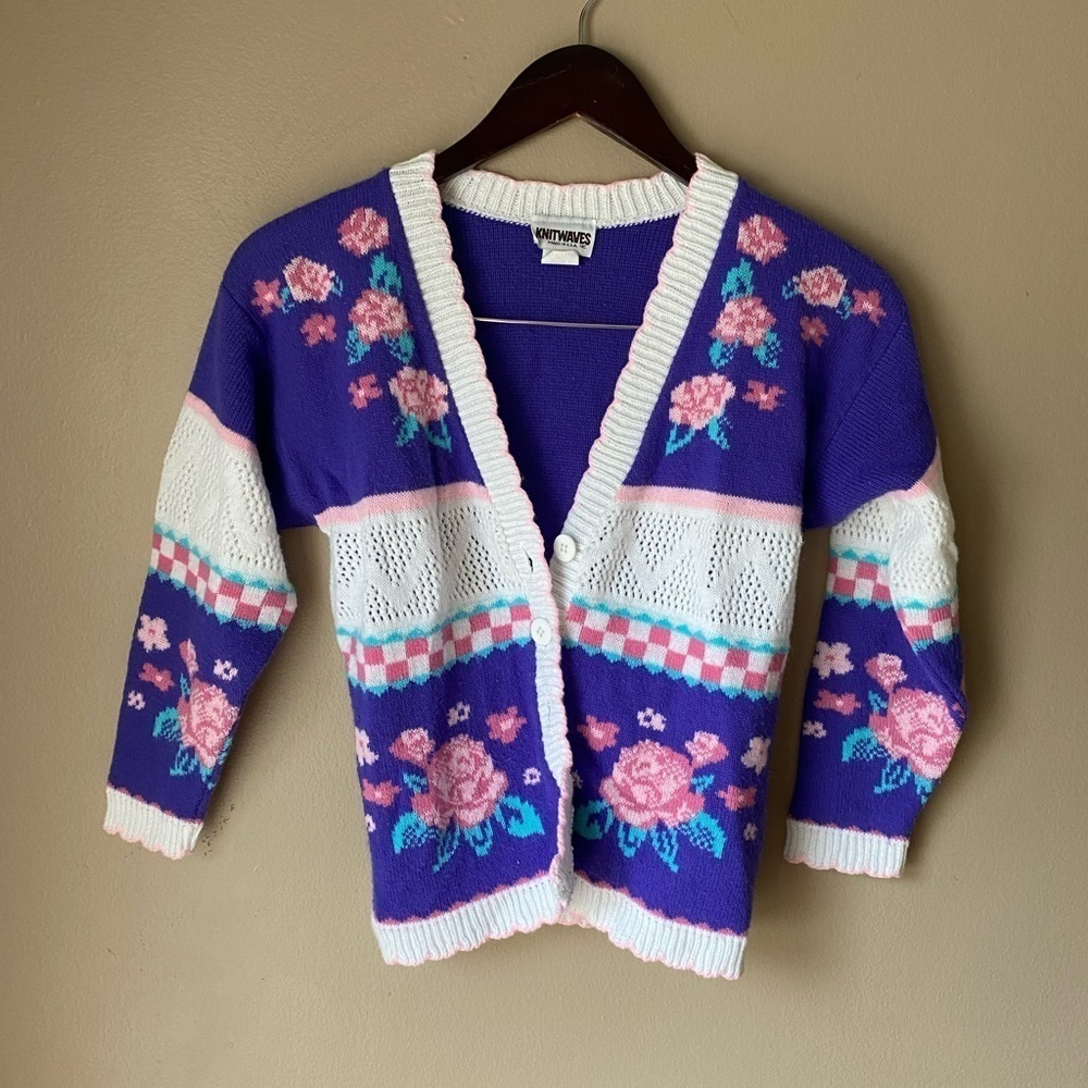 Vintage 80s Handmade Pink Purple Floral Button Down Sweater Cardigan